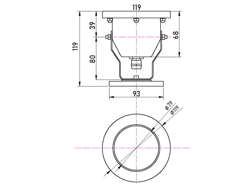 Подводный светильник LP G80 S 12V AISI 304, чертеж
