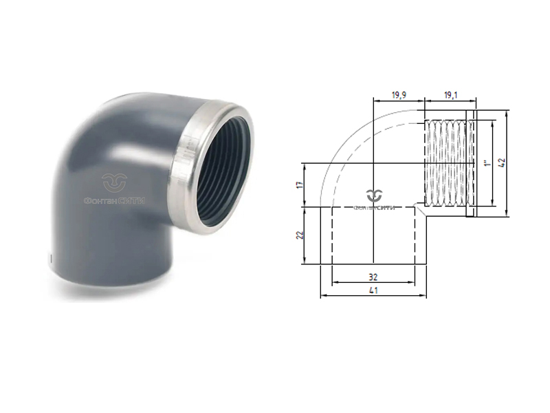 Угольник 90° с металлическим кольцом PVC-U PN16 FC