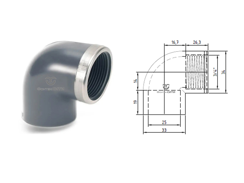 Угольник 90° с металлическим кольцом PVC-U PN16 FC