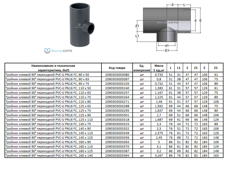 Тройник клеевой 90° переходной PVC-U PN16 FC