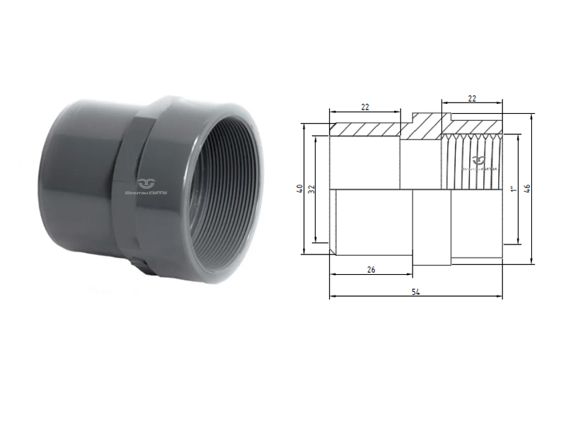 Двойной адаптер с Внутренней резьбой (муфтовое/втулочное окончание) PVC-U PN16 FC