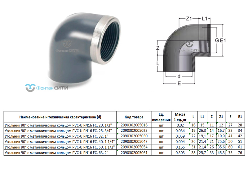 Угольник 90° с металлическим кольцом PVC-U PN16 FC