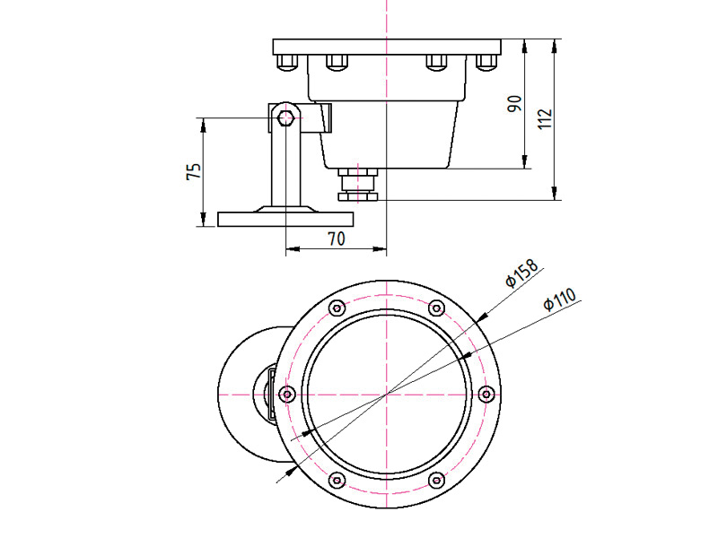 Подводный светильник LP G150 S 12V AISI 304 Чертеж