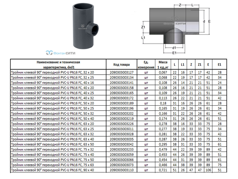 Тройник клеевой 90° переходной PVC-U PN16 FC